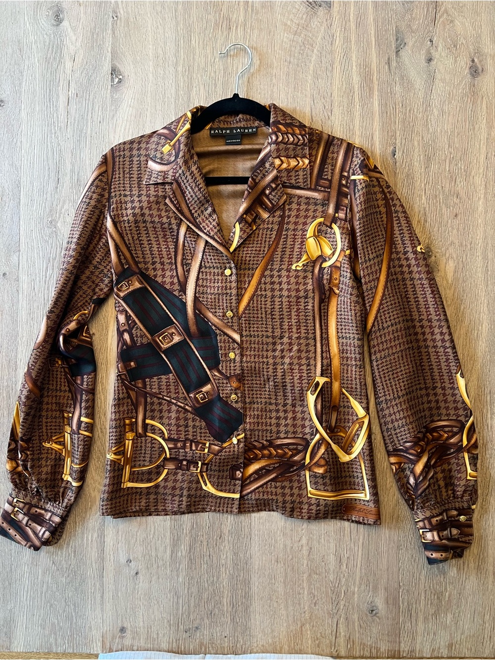 Ralph Lauren Black Label Silk Equestrian Glen Plaid Blouse Size 6